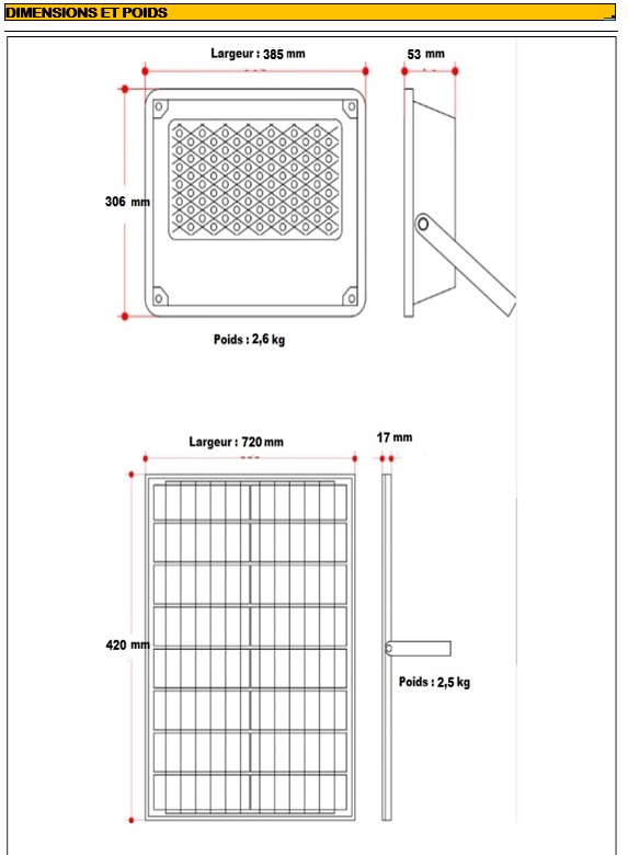 Dimensions projecteur solaire pro de carrière 1 000 W